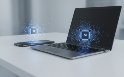 Smartphone and laptop with integrated AI hardware, representing on-device intelligence and modern computing.