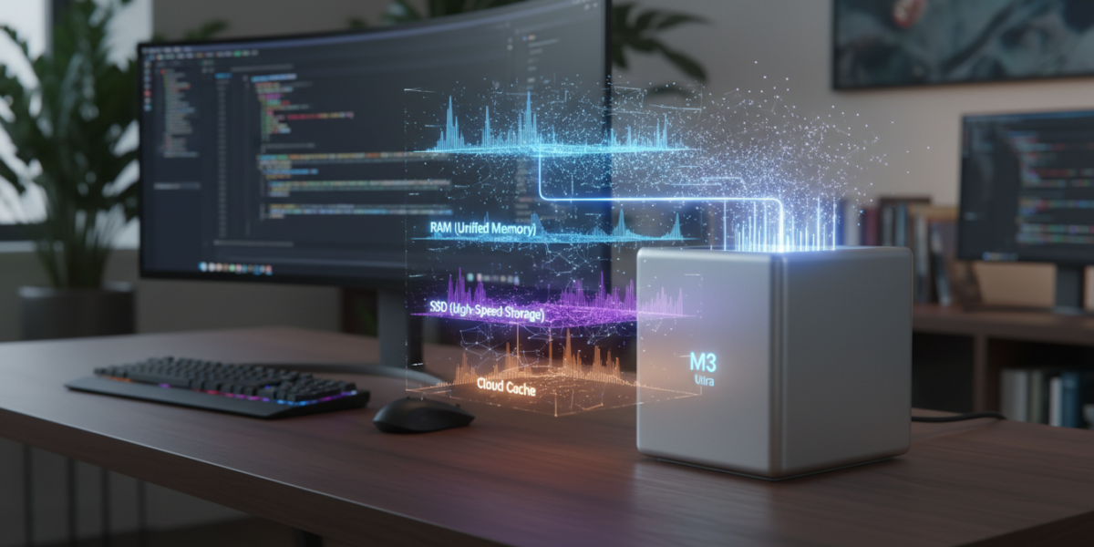 Mac Studio with Apple Silicon running a visualized LLM inference workflow showing tiered RAM and SSD caching in a developer environment