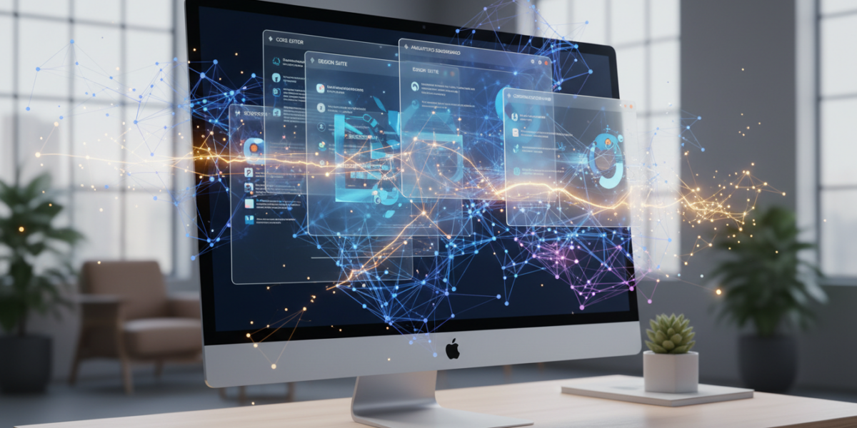Abstract representation of AI intelligence connecting multiple desktop application windows on a computer monitor.