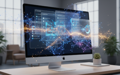 Abstract representation of AI intelligence connecting multiple desktop application windows on a computer monitor.