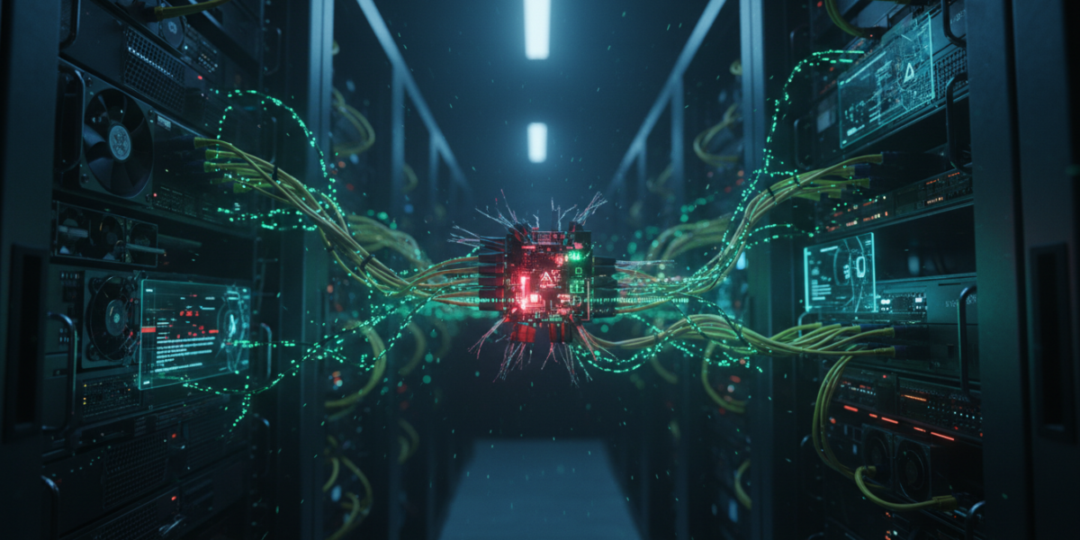 Visual representation of a supply chain cyber attack targeting AI infrastructure with malware propagation