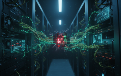 Visual representation of a supply chain cyber attack targeting AI infrastructure with malware propagation