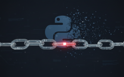Conceptual illustration of a supply-chain attack: a digital chain with one corrupted link, representing a compromised software dependency.