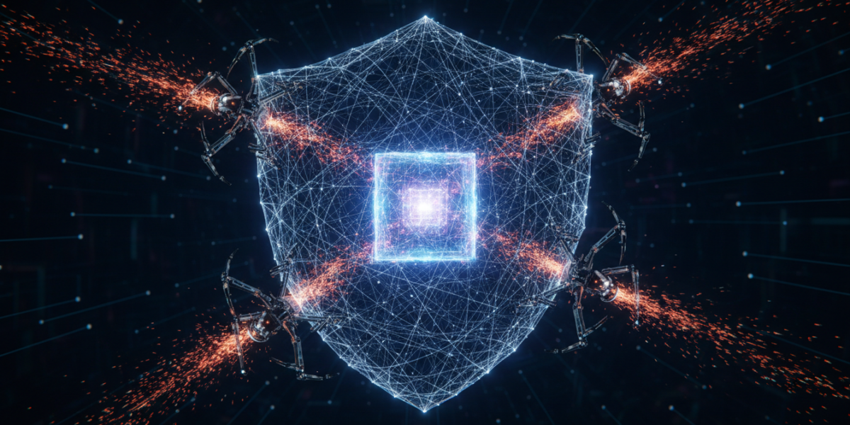 Conceptual illustration of a protective web trapping and disrupting AI scraper bots.