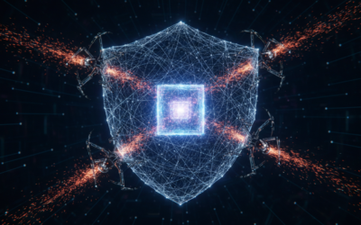 Conceptual illustration of a protective web trapping and disrupting AI scraper bots.