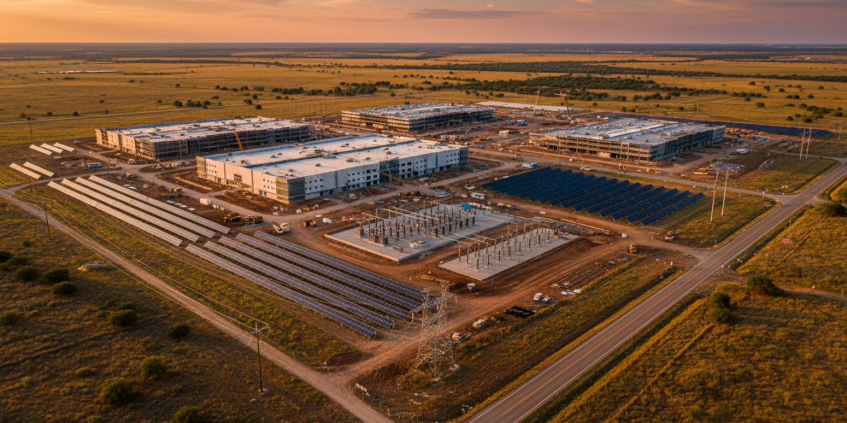 Aerial view of Microsoft's AI data center construction site in Abilene, Texas showing large-scale industrial development