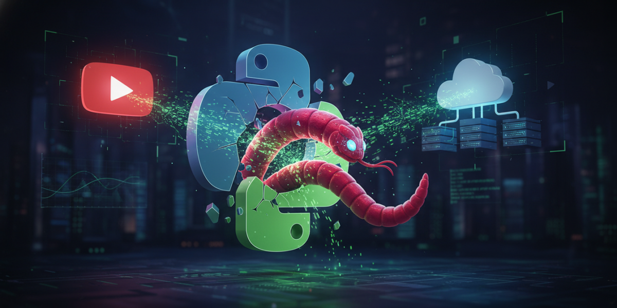 Digital illustration of a compromised Python package exfiltrating data to a YouTube server, symbolizing the LiteLLM malware attack’s use of trusted platforms for command and control.