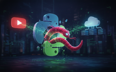 Digital illustration of a compromised Python package exfiltrating data to a YouTube server, symbolizing the LiteLLM malware attack’s use of trusted platforms for command and control.