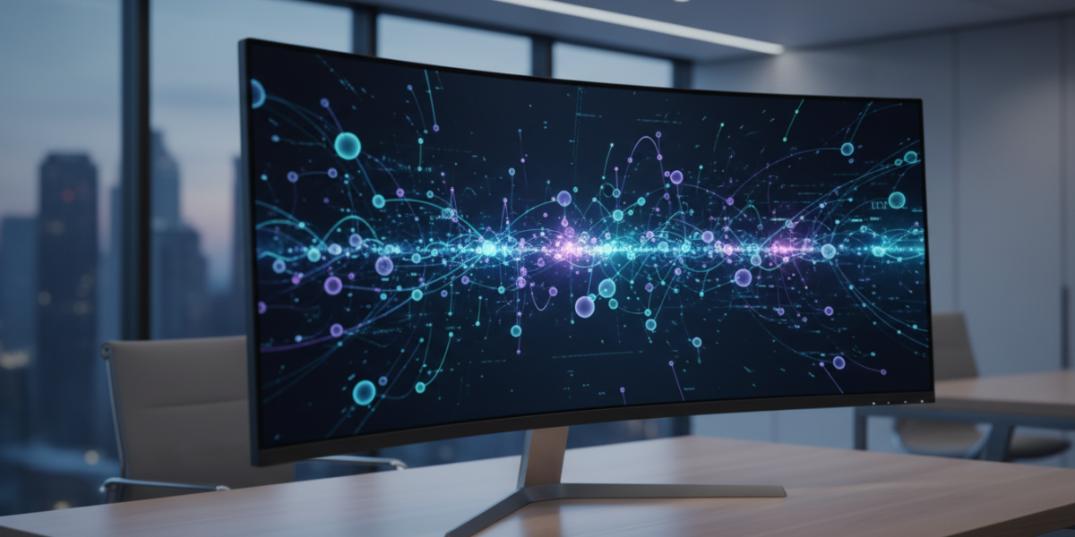 An abstract data flow visualization on a monitor symbolizing enterprise workflow automation and system integration.