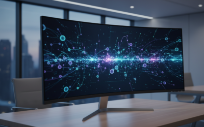An abstract data flow visualization on a monitor symbolizing enterprise workflow automation and system integration.
