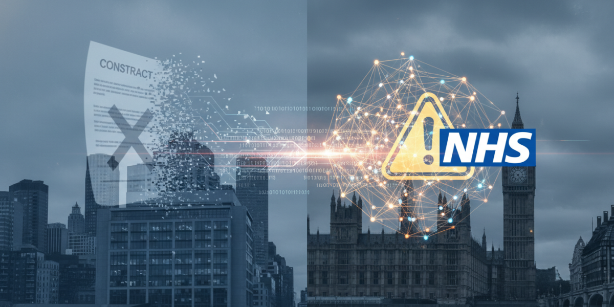 Editorial illustration contrasting NYC hospital system dropping Palantir with ongoing UK NHS data platform controversy involving the AI firm