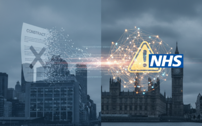 Editorial illustration contrasting NYC hospital system dropping Palantir with ongoing UK NHS data platform controversy involving the AI firm