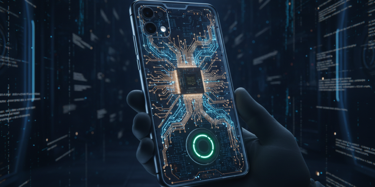 Visualization of on-device AI processing inside a smartphone with neural network circuitry and microchips