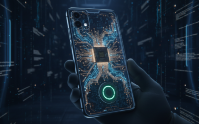 Visualization of on-device AI processing inside a smartphone with neural network circuitry and microchips