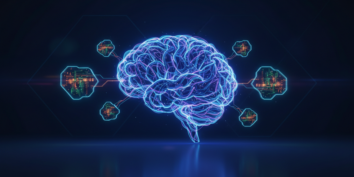 An abstract AI network with connecting plugin modules, representing OpenAI Codex's new workflow automation capabilities.