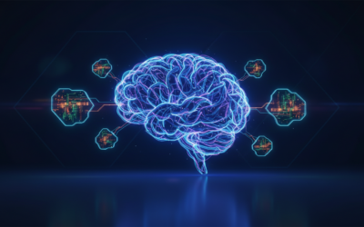 An abstract AI network with connecting plugin modules, representing OpenAI Codex's new workflow automation capabilities.