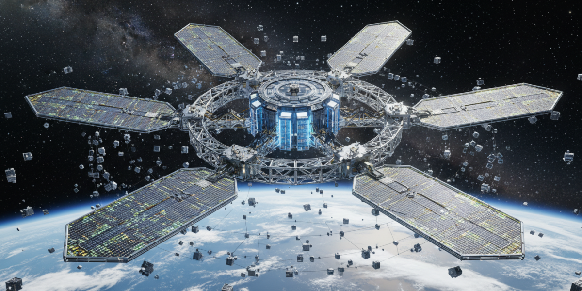 Orbital AI data center satellite in space with Earth visible below