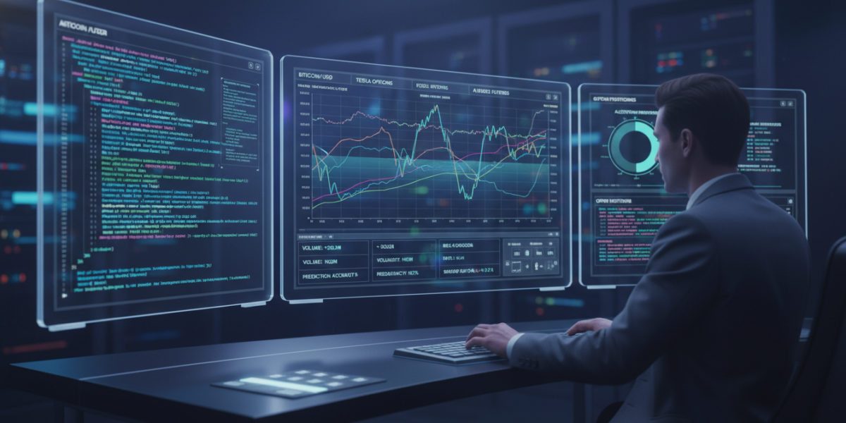 Professional trading interface showing real-time prediction market data and automated trading algorithms