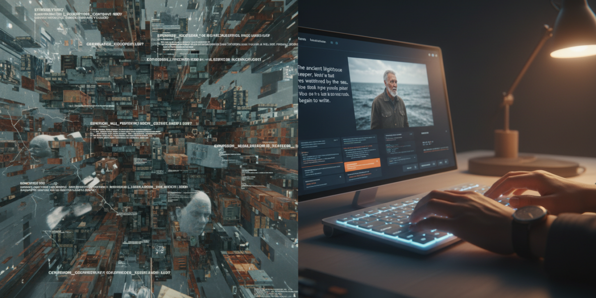 Split composition contrasting AI-generated content decay on the left with human-led, high-quality digital creation on the right