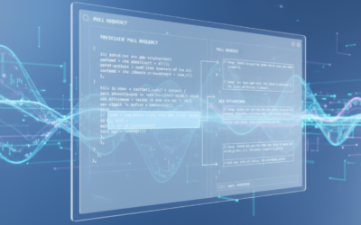 AI-powered code review interface analyzing a GitHub pull request with inline feedback on security, performance, and style issues.