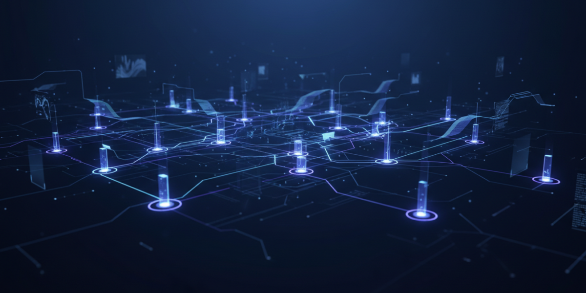 Interconnected AI agents in a futuristic network, symbolizing automation and intelligence in 2026.