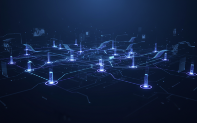 Interconnected AI agents in a futuristic network, symbolizing automation and intelligence in 2026.