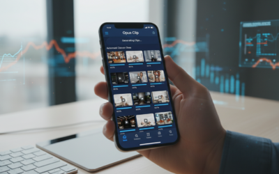 iPhone running Opus Clip for YouTube automation, showing automated video clip generation and editing interface.