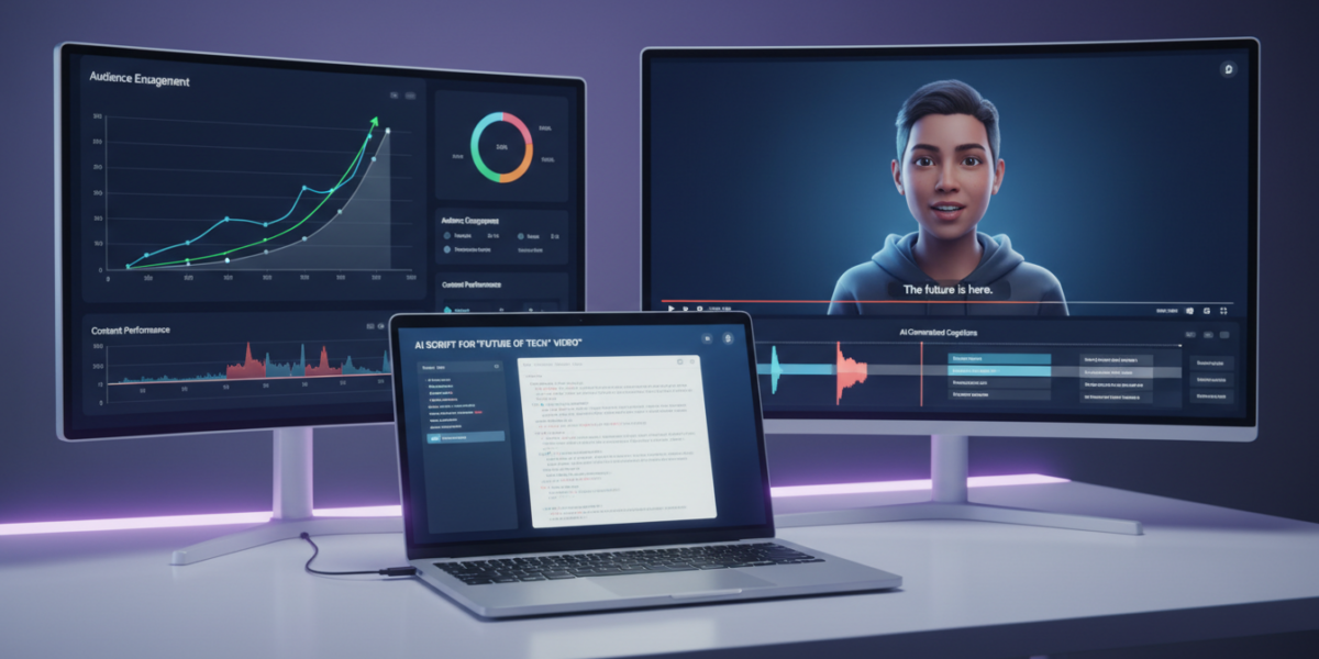 Digital workspace showing AI tools used in YouTube automation, including script generation, video editing, voiceover, and analytics dashboards.