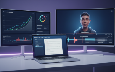 Digital workspace showing AI tools used in YouTube automation, including script generation, video editing, voiceover, and analytics dashboards.