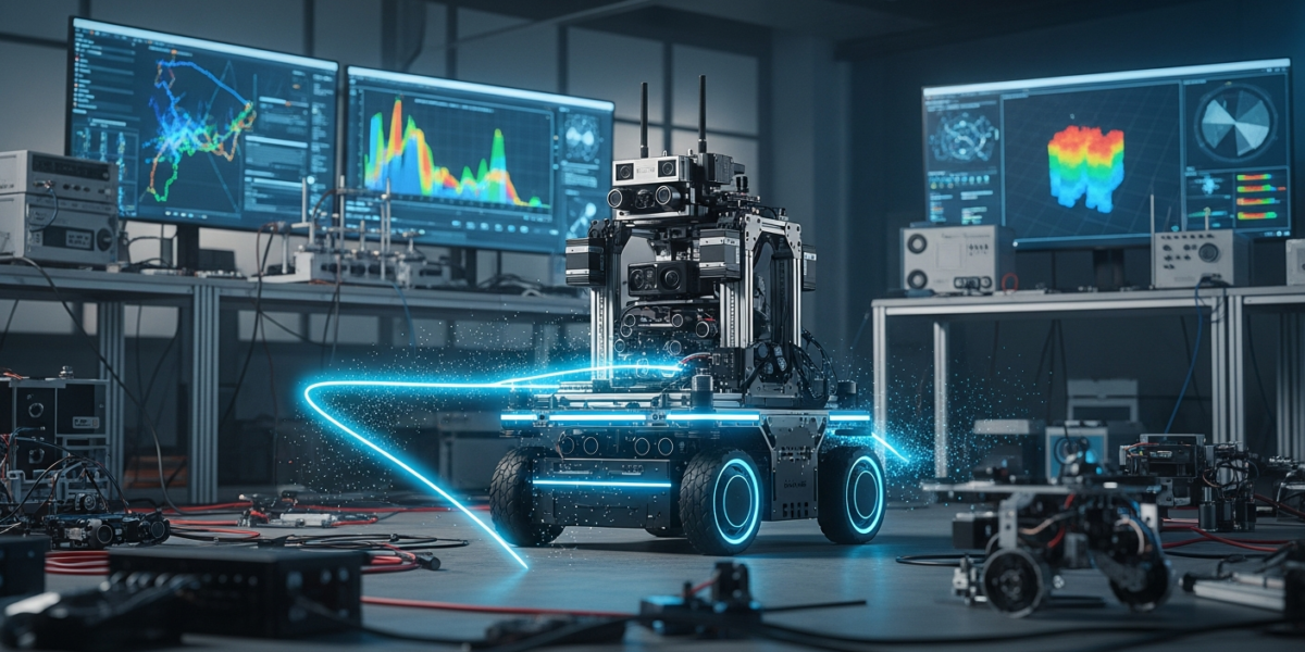 A mobile robot navigating a complex environment with a glowing beam search path overlaid, set in a modern research lab.