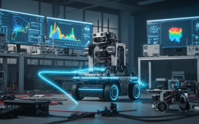 A mobile robot navigating a complex environment with a glowing beam search path overlaid, set in a modern research lab.