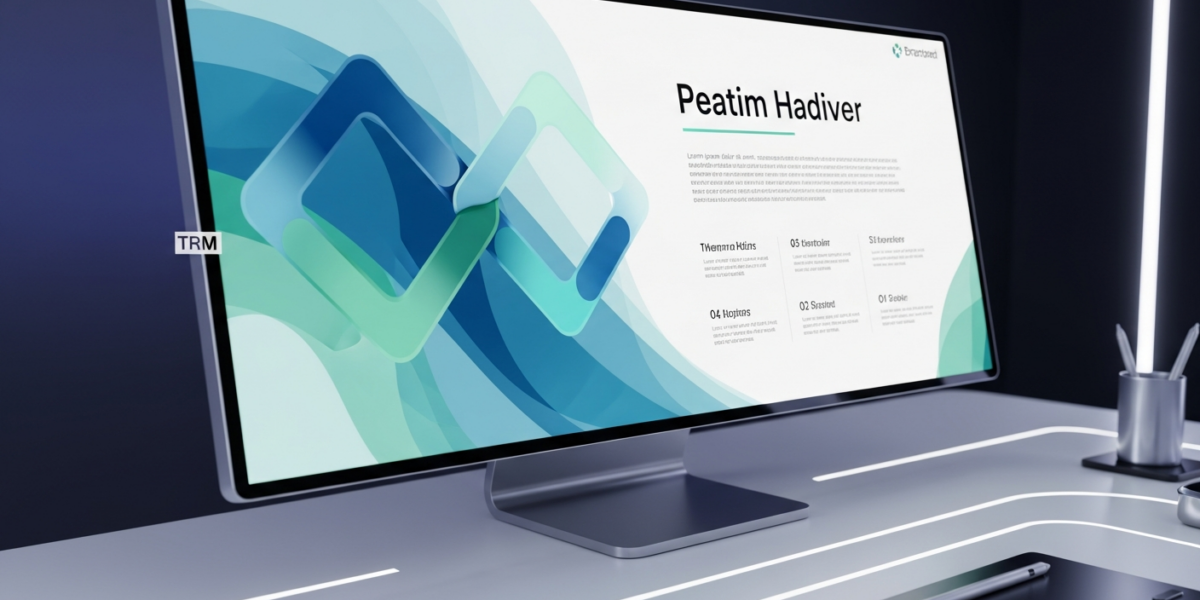 A digital presentation slide with an aesthetically pleasing layout, featuring balanced text and graphic elements in cool blue and green tones, displayed on a large monitor in a futuristic workspace.