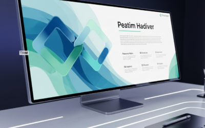 A digital presentation slide with an aesthetically pleasing layout, featuring balanced text and graphic elements in cool blue and green tones, displayed on a large monitor in a futuristic workspace.
