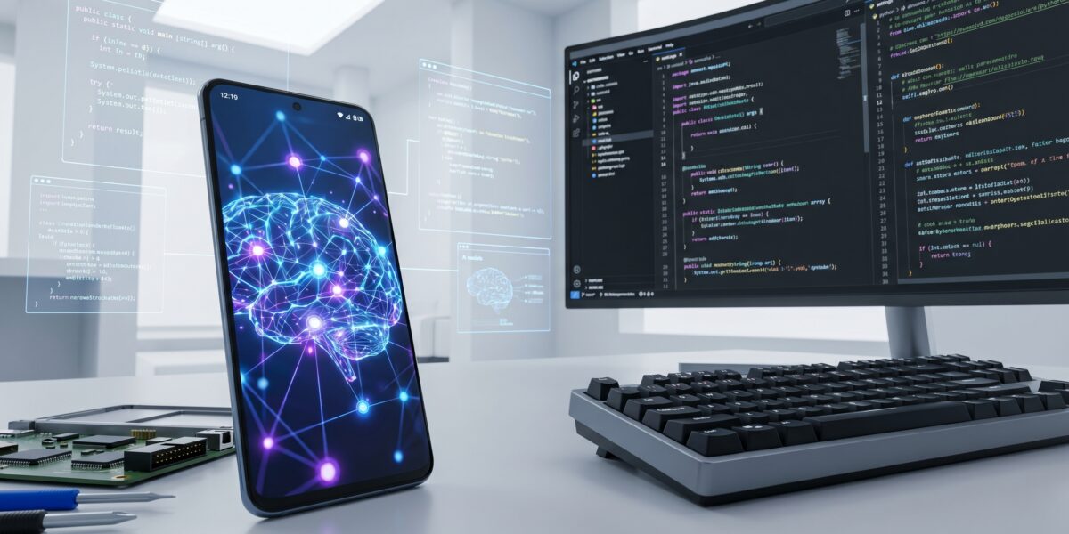 Android smartphone with AI neural network overlay, representing on-device AI development in 2026.