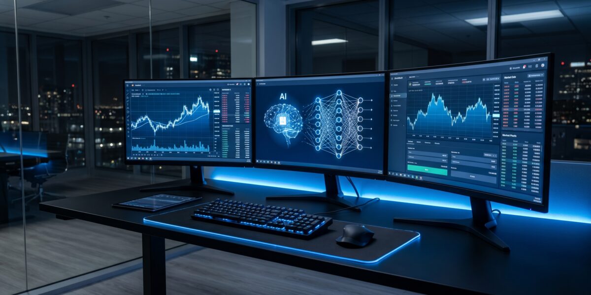 Professional AI crypto trading setup with multiple monitors displaying real-time market data and algorithm performance metrics