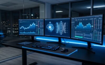 Professional AI crypto trading setup with multiple monitors displaying real-time market data and algorithm performance metrics