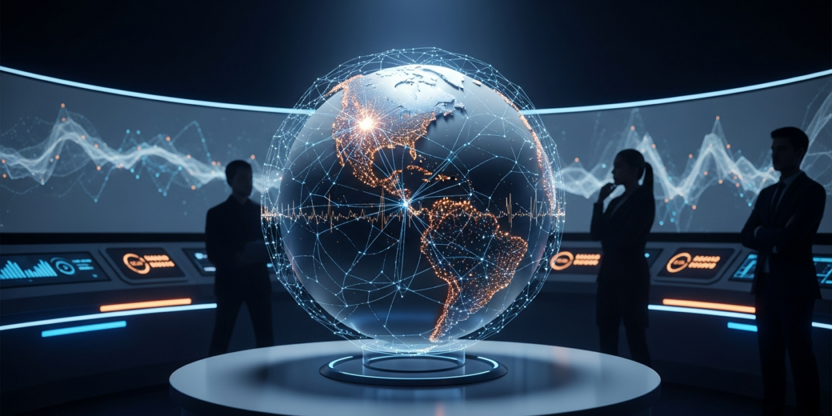 A stylized globe with neural network lines emphasizing Western regions, illustrating AI's cultural bias in a futuristic lab setting.