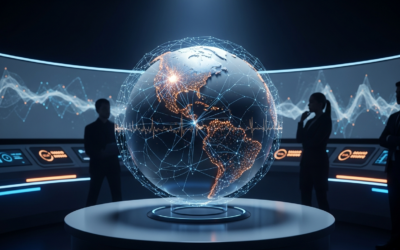 A stylized globe with neural network lines emphasizing Western regions, illustrating AI's cultural bias in a futuristic lab setting.