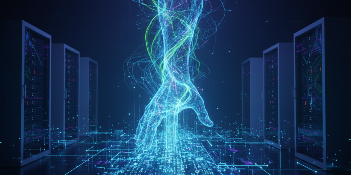 Abstract visualization of AI generating exploit code for cybersecurity