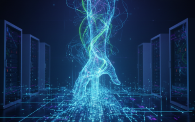 Abstract visualization of AI generating exploit code for cybersecurity