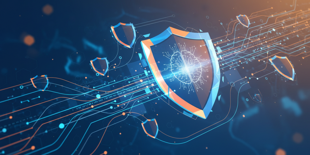 Abstract representation of AI-powered cybersecurity auditing with code streams and protective digital barriers