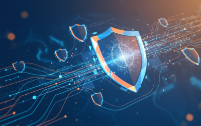 Abstract representation of AI-powered cybersecurity auditing with code streams and protective digital barriers