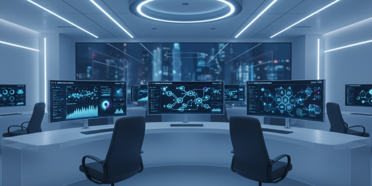 AI workflow automation tools interface showing connected apps and data flows in a modern office environment