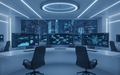 AI workflow automation tools interface showing connected apps and data flows in a modern office environment