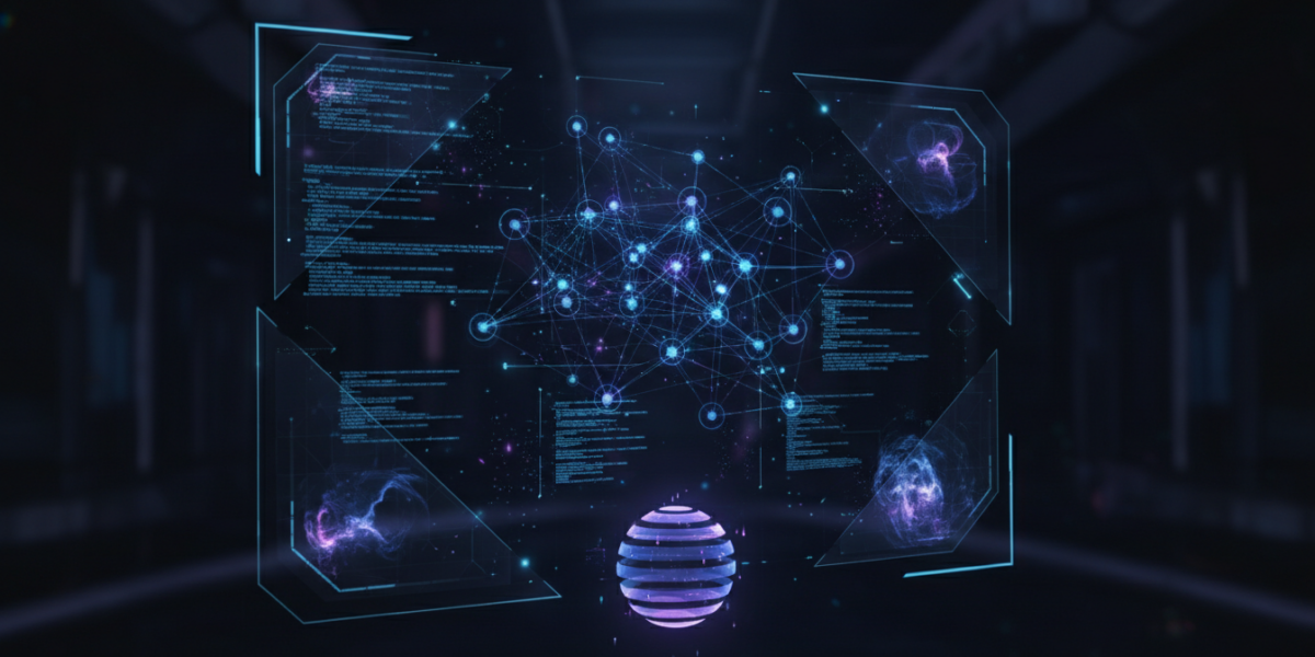 Futuristic visualization of an AI agent network representing Alibaba Qwen3.6-Plus capabilities