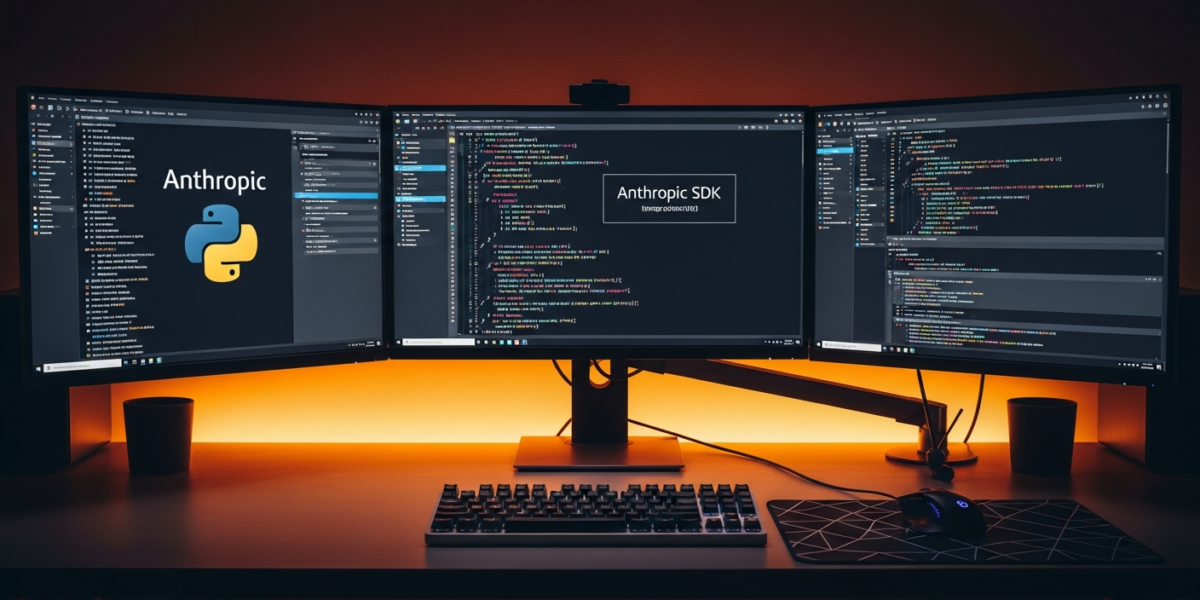 Modern developer workspace displaying Python code with Anthropic SDK integration on multiple monitors