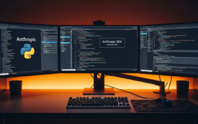 Modern developer workspace displaying Python code with Anthropic SDK integration on multiple monitors