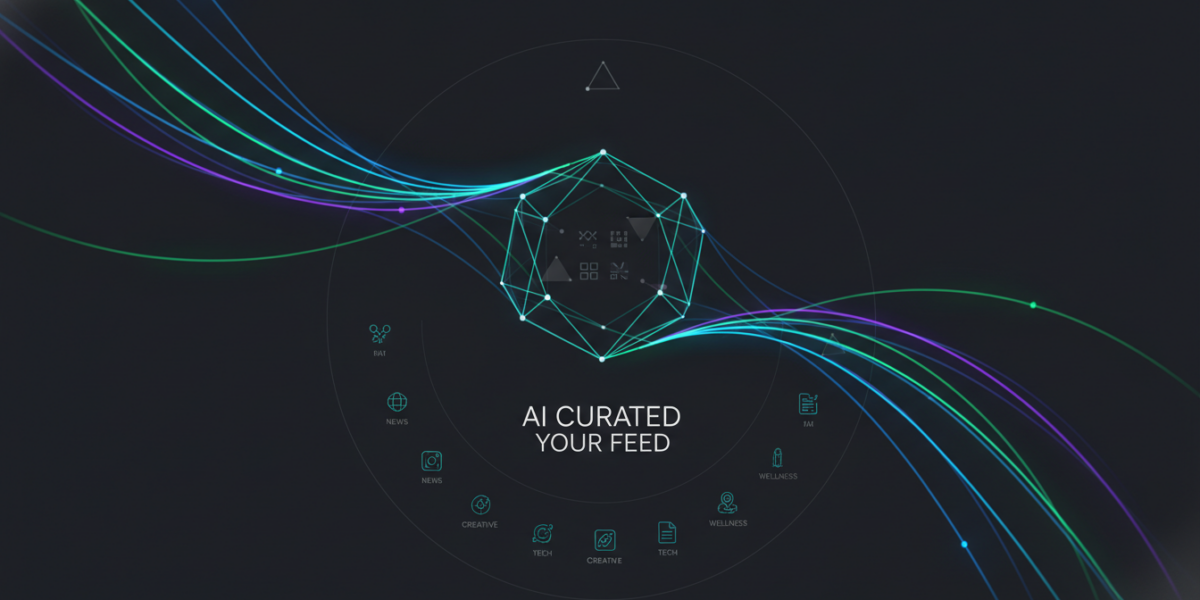 Abstract visualization of AI-powered custom social media feed curation with flowing data streams