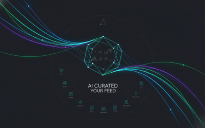 Abstract visualization of AI-powered custom social media feed curation with flowing data streams
