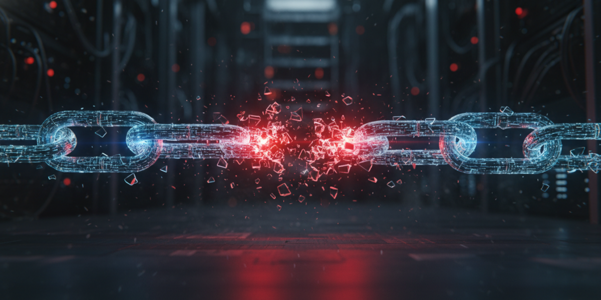 Digital supply chain security breach concept with broken chain links and alert glow